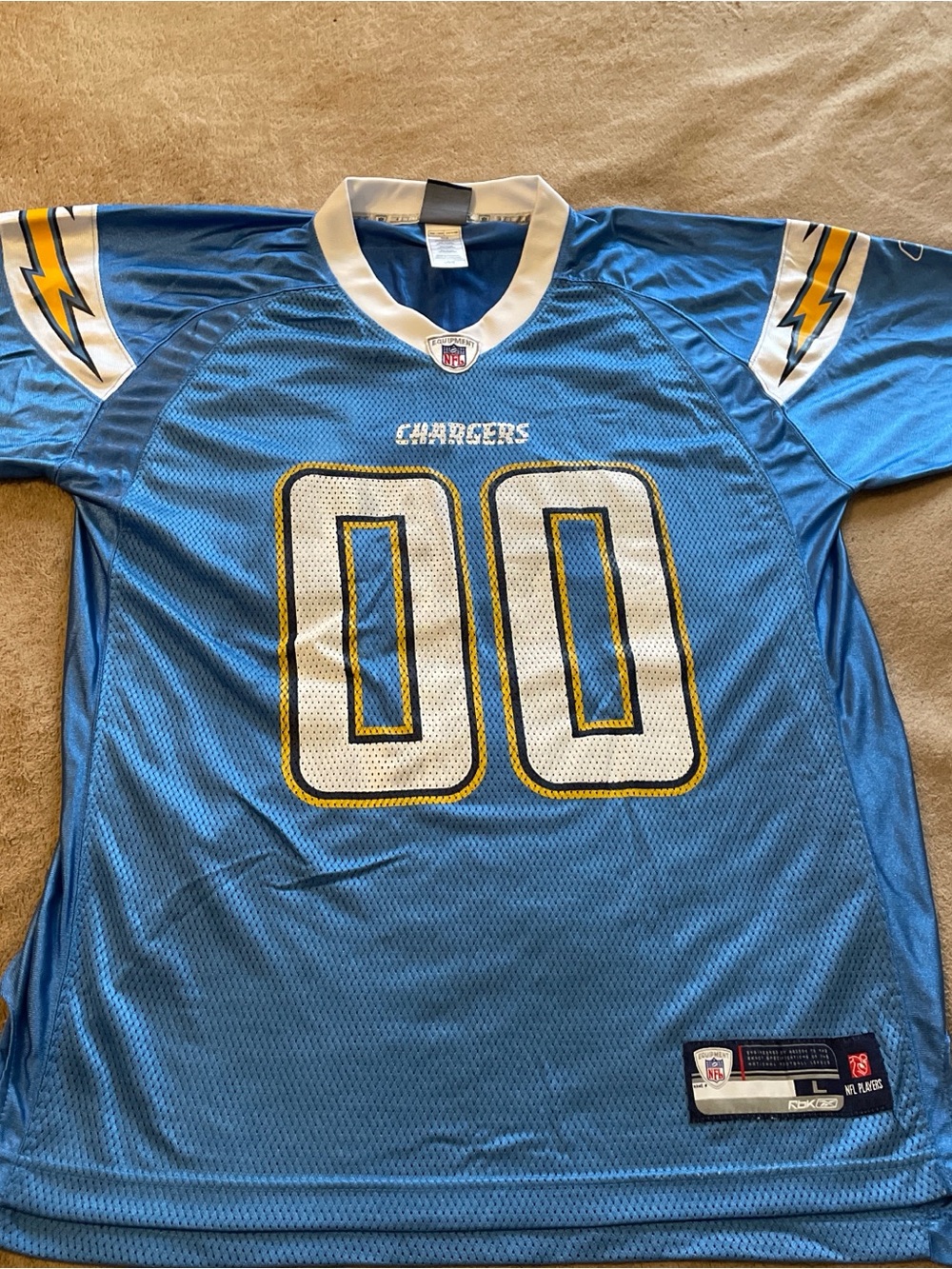 Reebok Chargers Light Blue Jersey with White and Gold Accents